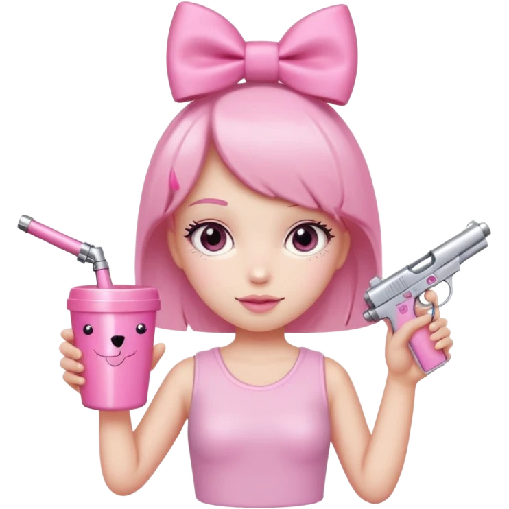 Minimalist figure with a cute pink aesthetic. It has a sparkly pink bow on its head, a pink gun keychain hanging nearby, and is holding a large pink tumbler cup. The background is simple white with a soft shadow for a clean look. emoji