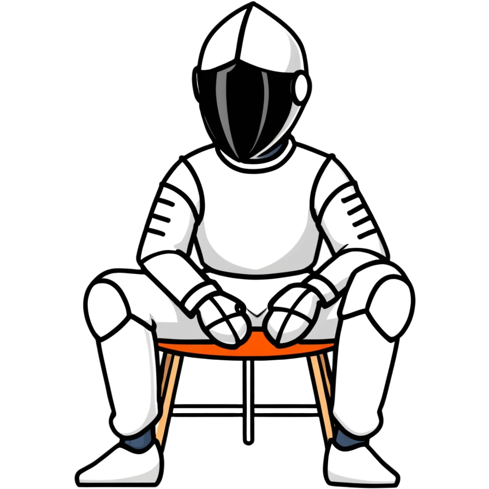 epee fencer sitting on stool holding mask under arm before match emoji