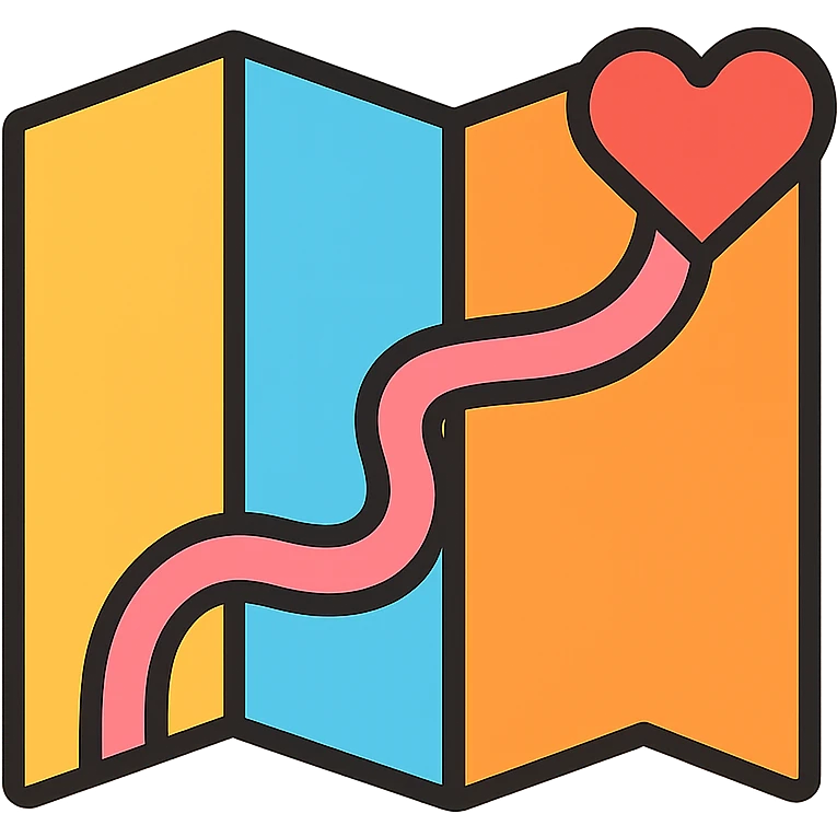 Folded map with gentle pathways representing emotional and relationship histories, self-reflection tool emoji