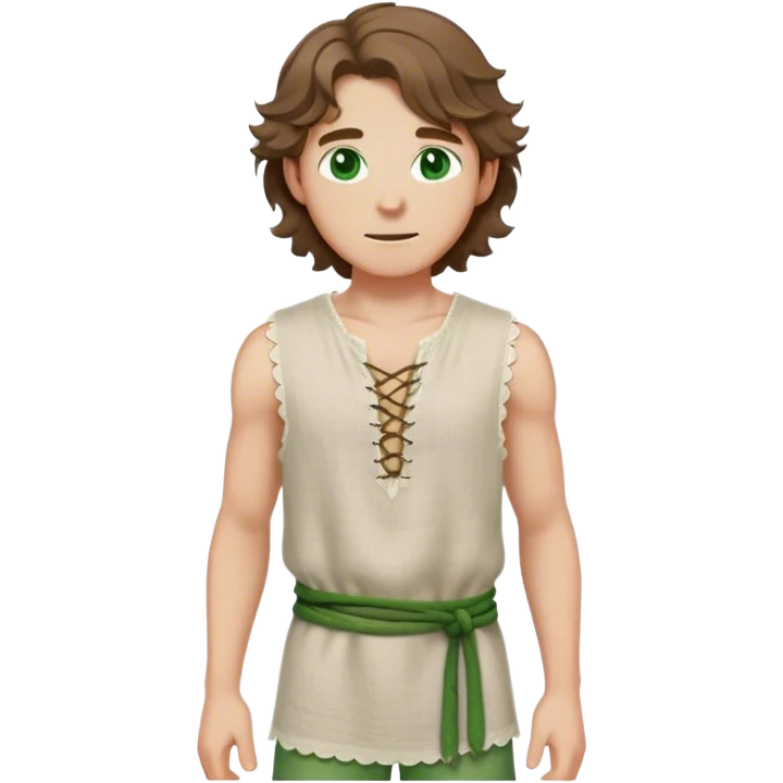 medieval summer outfit worn by a DnD themed fantasy male character. basic sleeveless linen tunic with a laced neckline and a simple rope belt. clothes only above the waist. The clothes full waist. The character's haven't arms. character is white-skinned, brown hair, green eyes, shoulder-length wavy hair. emoji