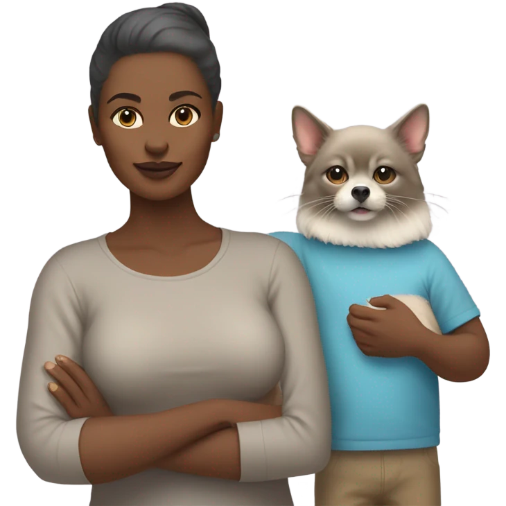 Woman in the right arm holding a sphinx grey cat and in the left arm holding a Pomeranian dog emoji
