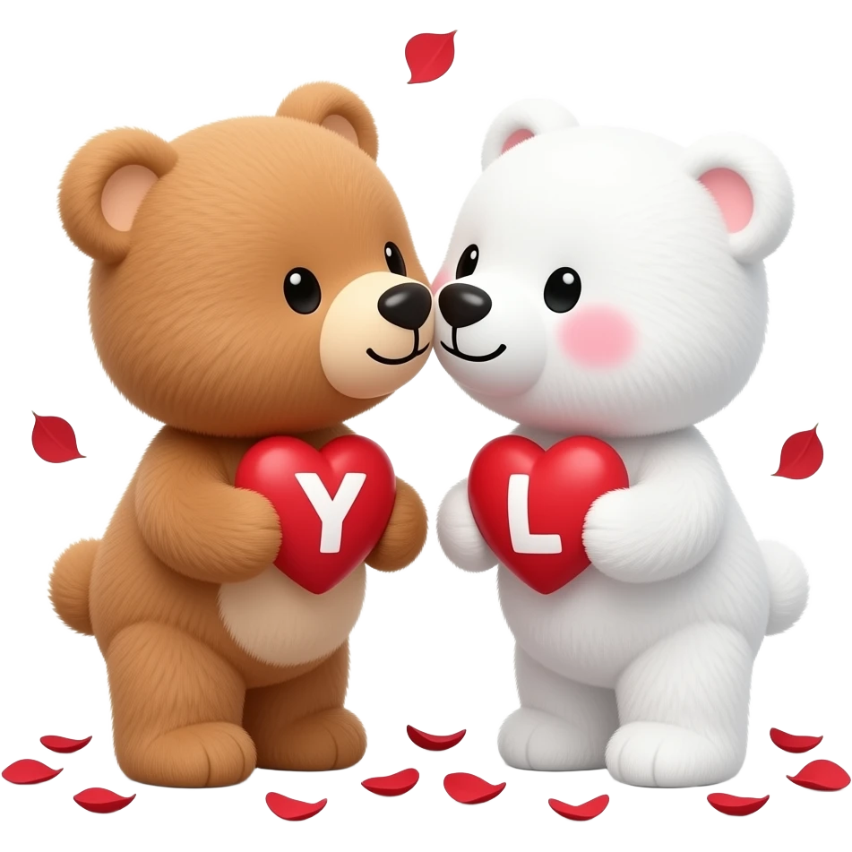 I want one light brown bear teddy kissing on cheek white bear teddy both holding heart , both a little furry, the  white bear blushes and smiles , add letter Y to the heart of the brown bear and letter L to the heart of the white bear , raining red rose petals emoji