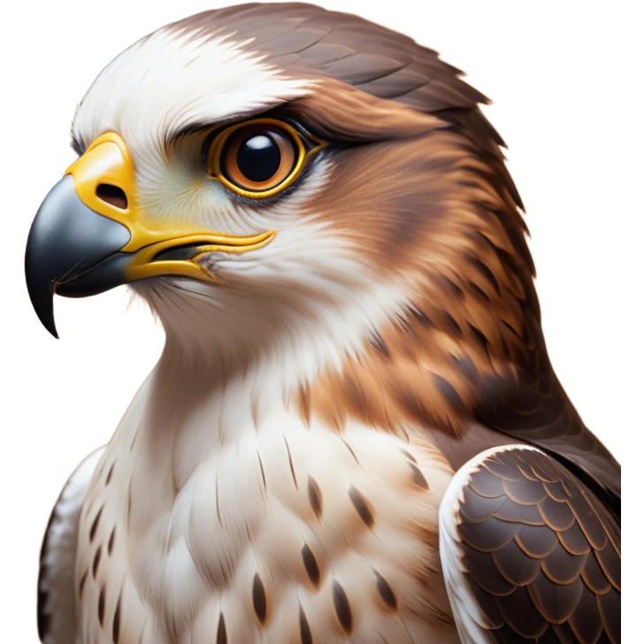 Cinematic Noble Falcon Portrait Emoji, Poised and majestic, with a streamlined, muscular build, a sharply hooked beak, and intense, piercing eyes that exude focus and speed, Simplified yet sharp and sophisticated features, highly detailed, glowing with a soft, amber radiance, high shine, intelligent and commanding, stylized with an air of aerial authority, focused and swift, soft glowing outline, capturing the essence of a watchful and confident falcon that appears ready to soar out of the screen with effortless power! emoji