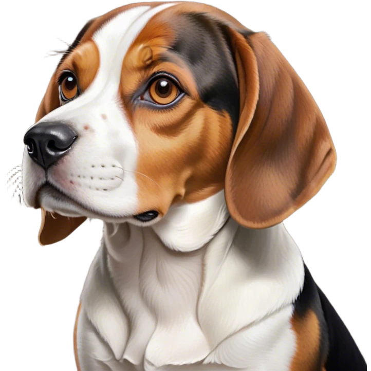 Cinematic Noble Tri-Color Beagle Portrait Emoji, Poised and regal, with a compact, sturdy build and a well-groomed coat of white, brown, and black, deep-set soulful hazel eyes, Simplified yet sharp and sophisticated features, highly detailed, glowing with a soft, dignified glow, high shine, intelligent and loyal, stylized with an air of strength, focused and attentive, soft glowing outline, capturing the essence of a watchful and confident companion, so majestic it feels as though it could step out of the screen with effortless authority! emoji
