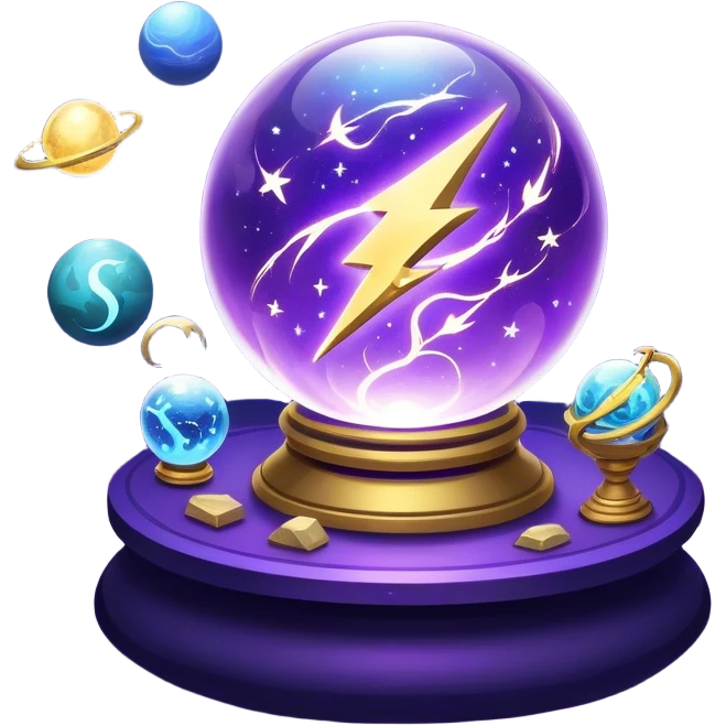 A mystical, glowing crystal ball with swirling sparkles and lightning bolts inside, with tarot cards spread out on the table around the ball, surrounded by zodiac signs and planets floating in space. Use bright purples, blues, and golds to create a magical, mysterious vibe. transparent background.  emoji