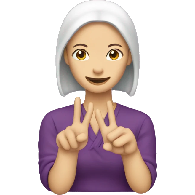 Plum making a peace symbol with her hands emoji