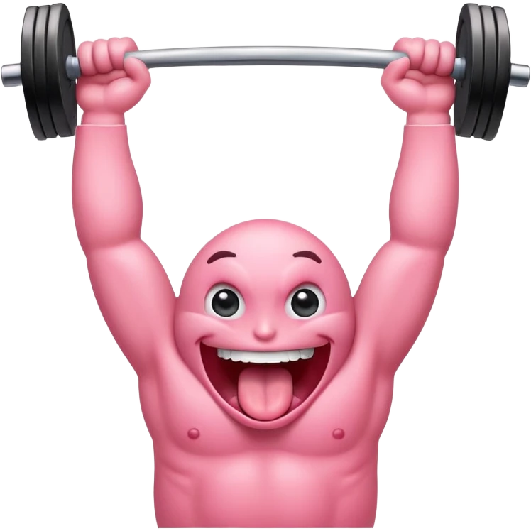 a tongue with eyes and arms, smiling, holding a barbell overhead emoji