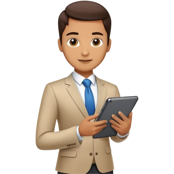 business executive confidently, holding a digital tablet or folder. The character wears smart business attire emoji