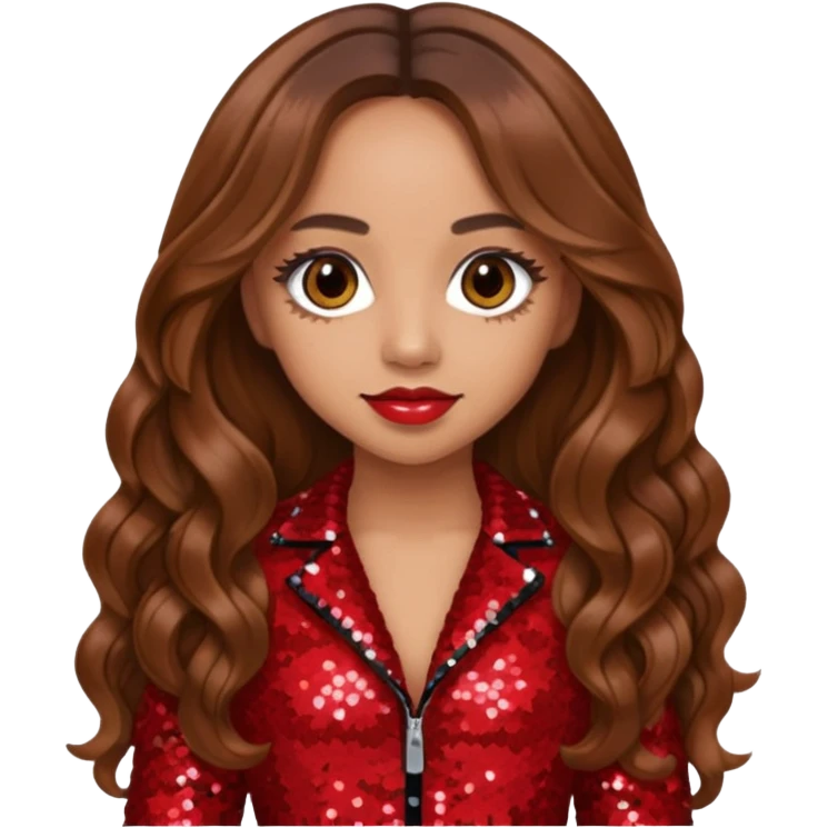 Jade Thirlwall from Little Mix with long brown hair, red sequin outfit emoji