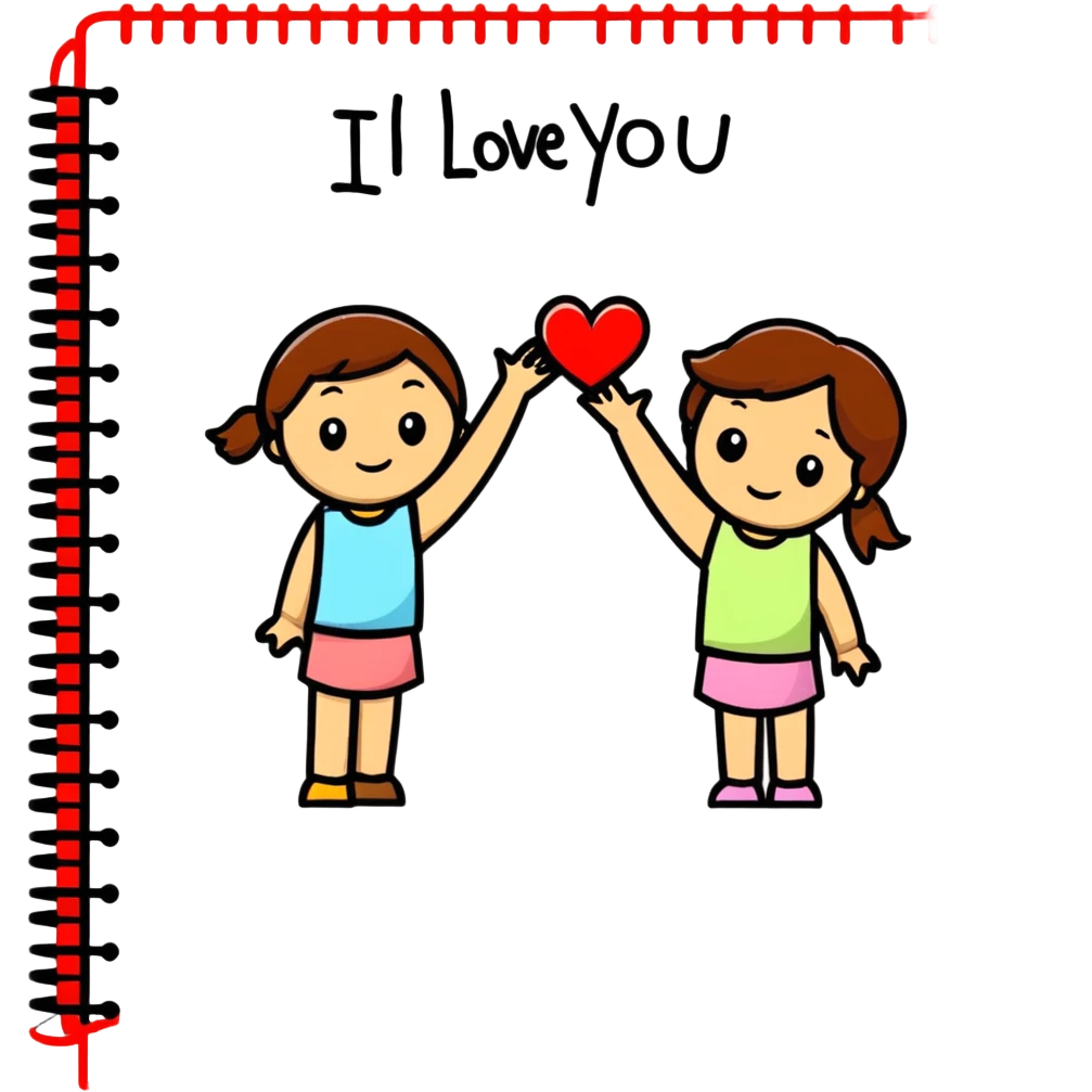 A piece of notebook paper with two stick figure girls with brown hair drawn it with a message that reads I love you  emoji