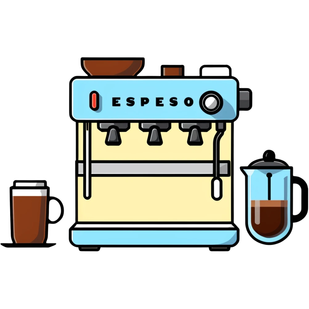 coffee shop items: espresso machine, milk frother, and coffee menu board emoji