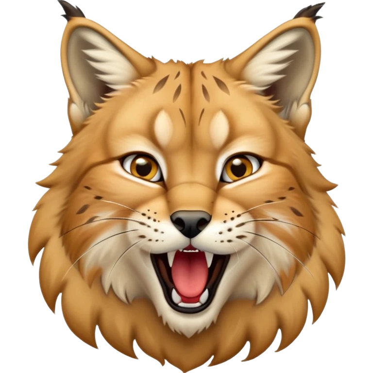 Cinematic-Cute-Yawning-Lynx-Portrait-Emoji – Head tilted slightly with a dramatic, wide-open yawn, revealing a dense golden-brown fur coat with subtle spots, signature black ear tufts standing tall, round amber eyes barely open in drowsy contentment. emoji