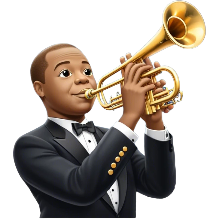 Icon for Jazz Music: Louis Armstrong with his trumpet in front of a jazz orchestra. Include musical instruments like a saxophone, trumpet, and piano, with floating musical notes around. The design should capture the smooth and soulful vibe of jazz. Transparent background. emoji