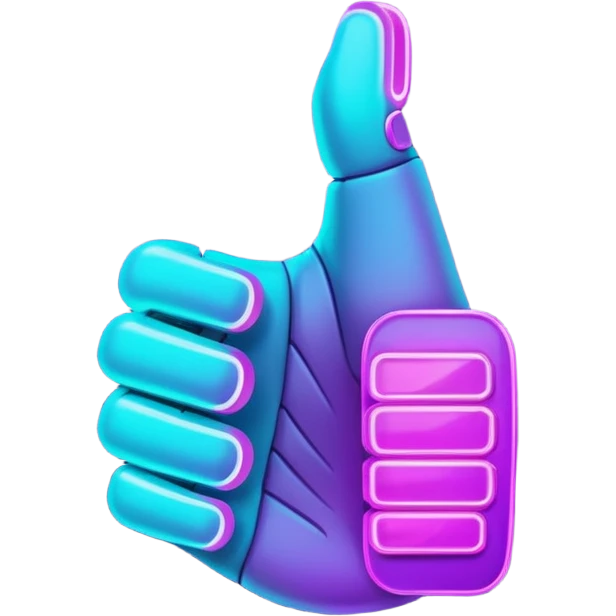 futuristic glowing thumbs up, neon purple and cyan light, dark background, digital tech style emoji