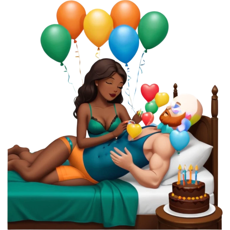 Muscular Bald white male has a orange beard, blue eyes kissing curvy African American dark brown woman wearing long brown black hair and dark green lingerie Laying in bed with chocolate birthday cake and balloons  emoji