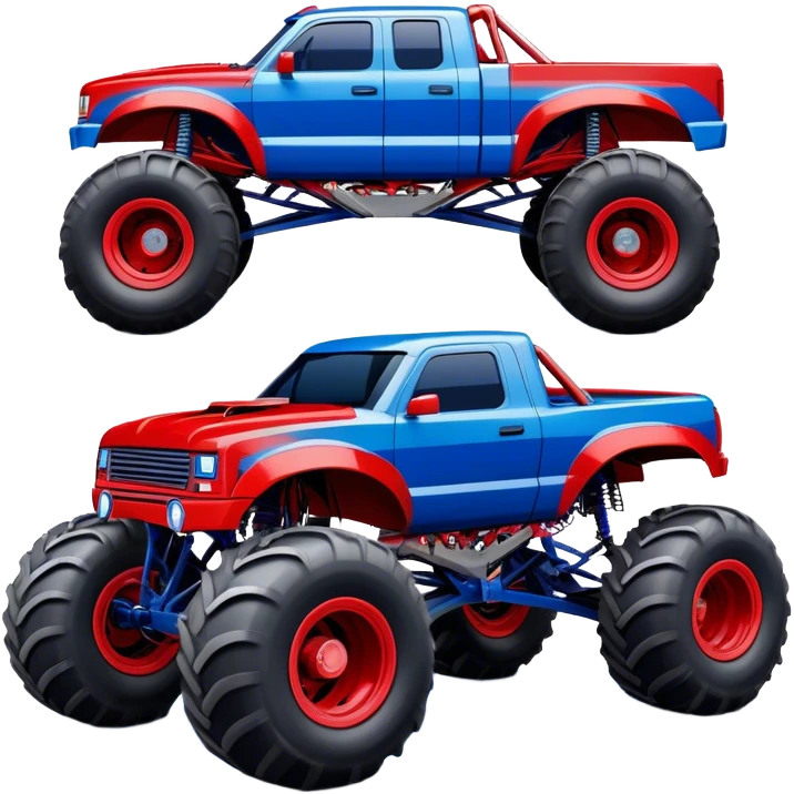 Avenger - Monster Jam (Model Year: 2021) (Iconic colour: Blue and red) - A dynamic monster truck with a split-color scheme: predominantly blue accented by bold red elements. Focus on strong, angular lines and vivid contrasting colors that evoke high energy and a futuristic, rebellious style. emoji