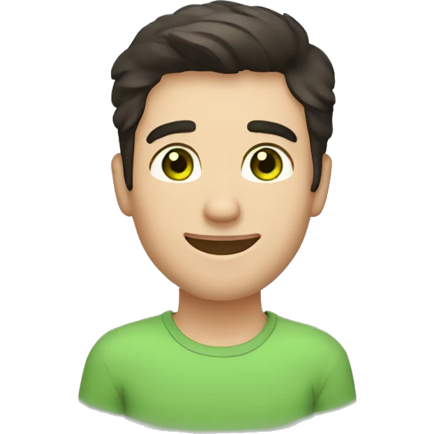 Handsome man with dark hair, gradient short hair on the side, green eyes. Big smile and thin face, and sunken cheeks. emoji