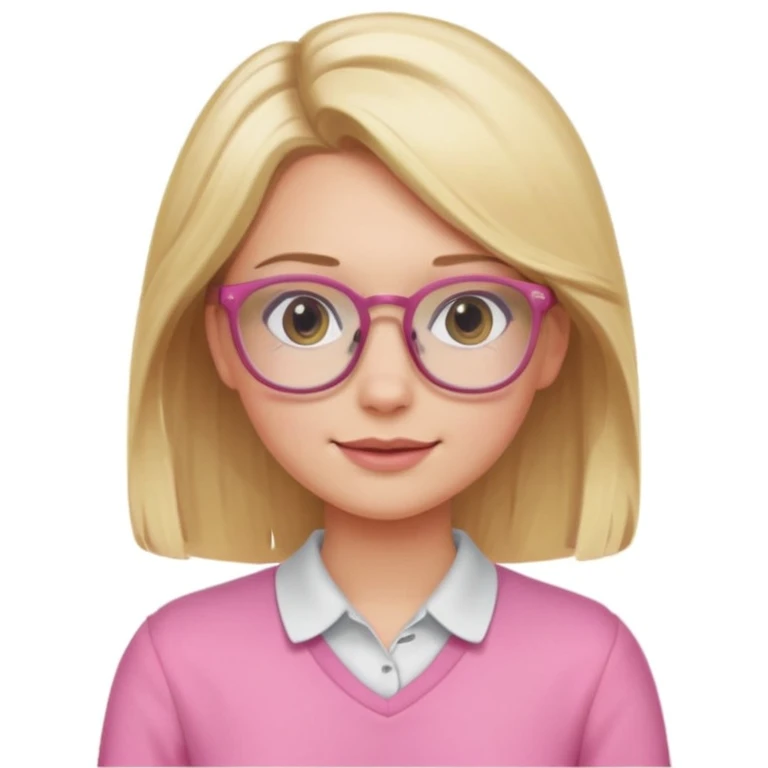 blonde girl with shoulder-length hair, wearing glasses, rosy cheeks, pink clothes, friendly appearance emoji