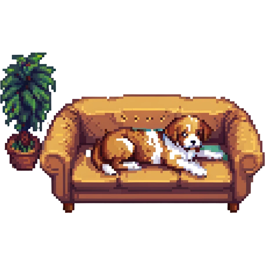 a dog sitting on a couch, pixel art style emoji