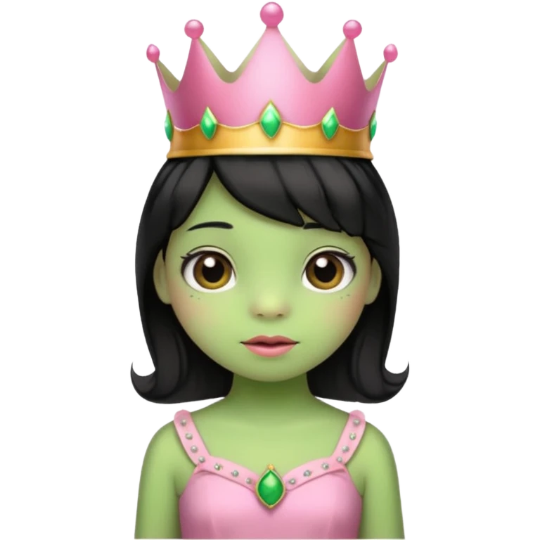 frog with black hair and short bangs with a crown pink bow and pink princess dress emoji