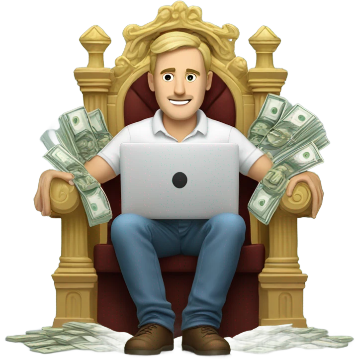 Caucasian Man sitting on a throne of cash with a laptop emoji