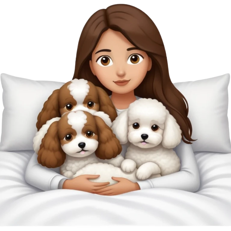 Olive skin girl with long brown hair in bed with 3 white bichon frise's emoji