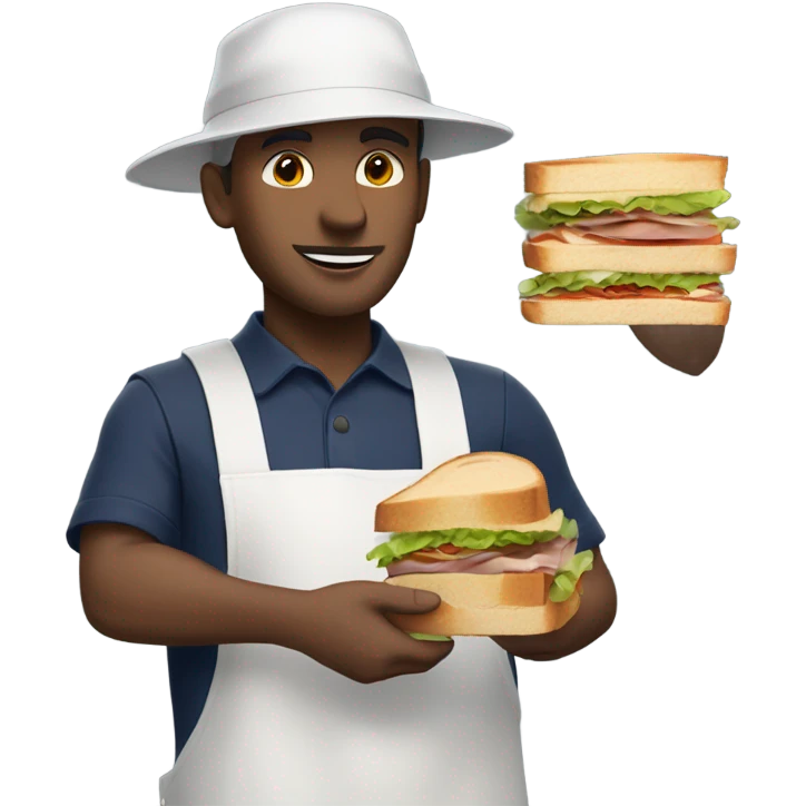 White Male man worker with white shirt and navy apron with khakis and hat holding a sandwhich emoji