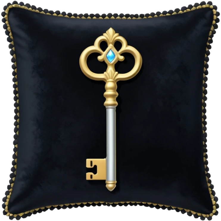 A Discord emoji of a black velvet cushion holding a glowing silver key. Ornate, royal gothic style, simple and clean for small scale, white background. emoji