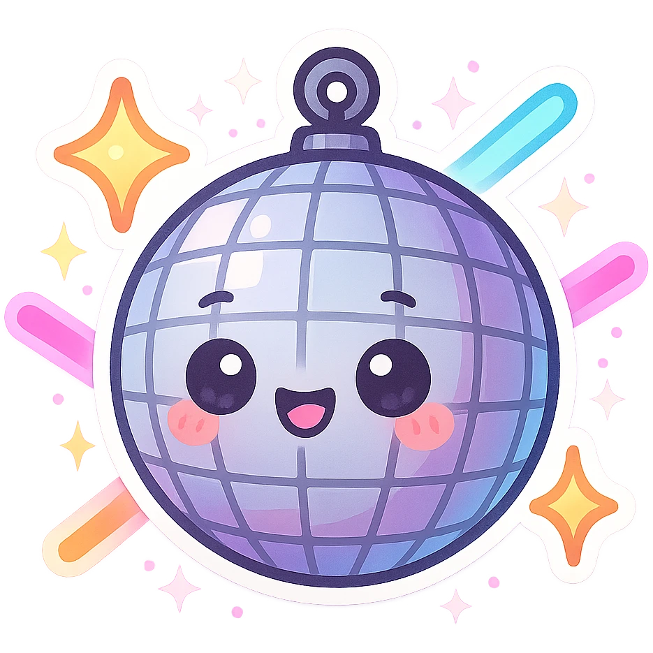 cartoon disco ball with a face, surrounded by sparkles and neon lights, rave atmosphere emoji