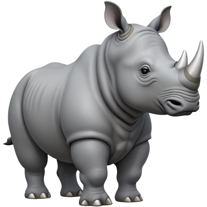 cinematic-rhino-full-body-standing-emoji,slate grey skin -massive-body-poised-powerfully,-thick-horn-curving-slightly-forward,-head-tilted-dramatically,-rough-grey-hide-covered-in-dust,-simplified-focused-features, emoji