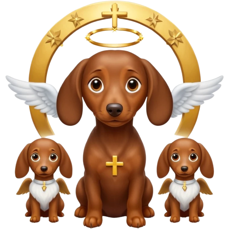 Brown dachshund with big eyes and a large cross above a halo atop his head. Next to the halo are three small brown dachshunds as angels. This should look religious  emoji