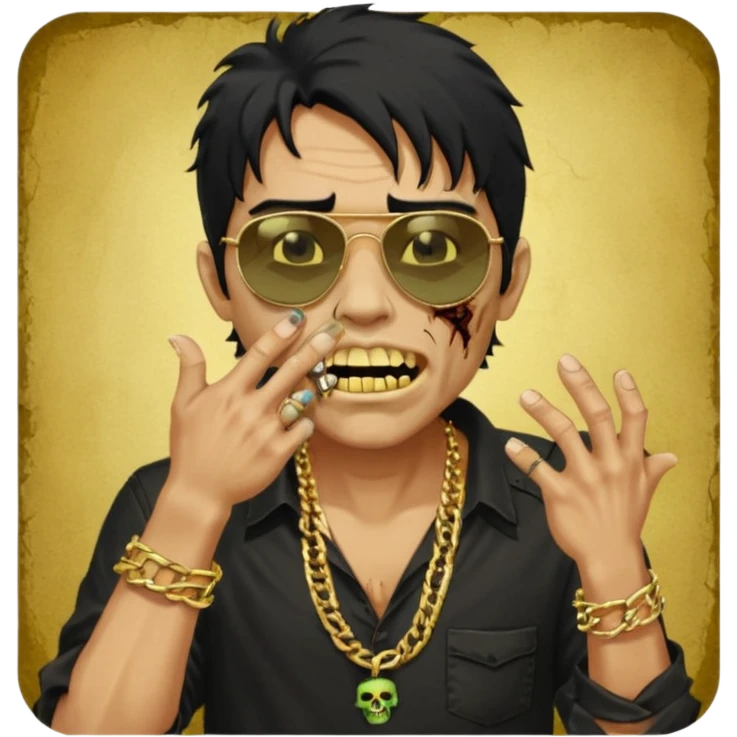 cabelo liso desordenado negro homen con aparencia de zombi y que haga un gesto mostrando los dientes de oro que se agarre la boca con la mano y que sea color piel, ponle unas gafas brasileñas, una camisa negra y que tenga cadenas de oro emoji