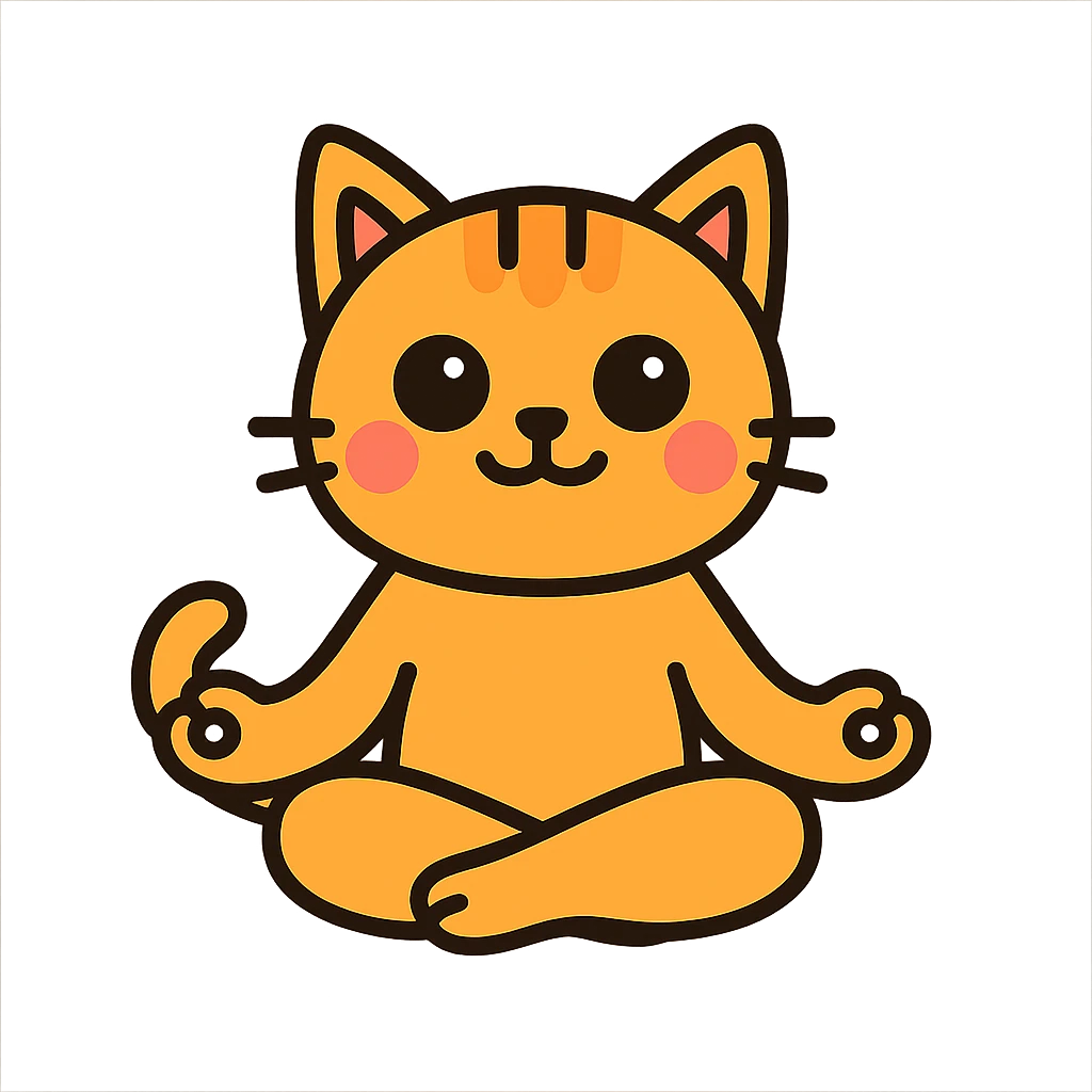 Make the cat cuter with bigger eyes, round cheeks, and a gentle smile, still meditating and sitting, maintaining the peaceful atmosphere. emoji