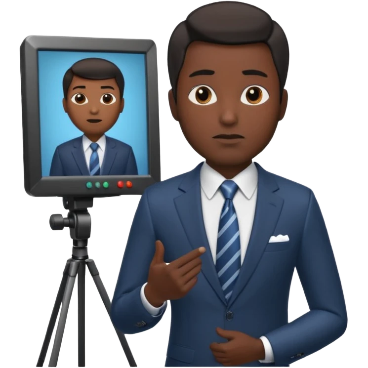 news anchor black skin man, with a screen with a prompter in front of her emoji