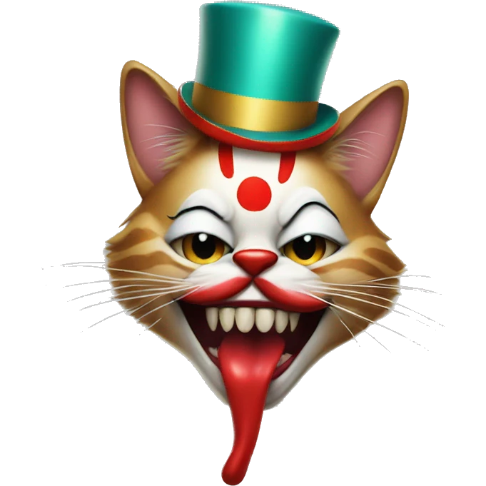 Freaky cat with tongue out wearing a clown hat and red lipstick emoji