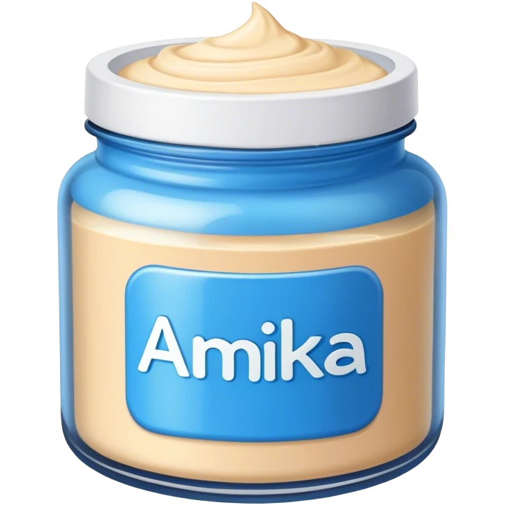Blue jar label “ amika” with top off and cream inside emoji