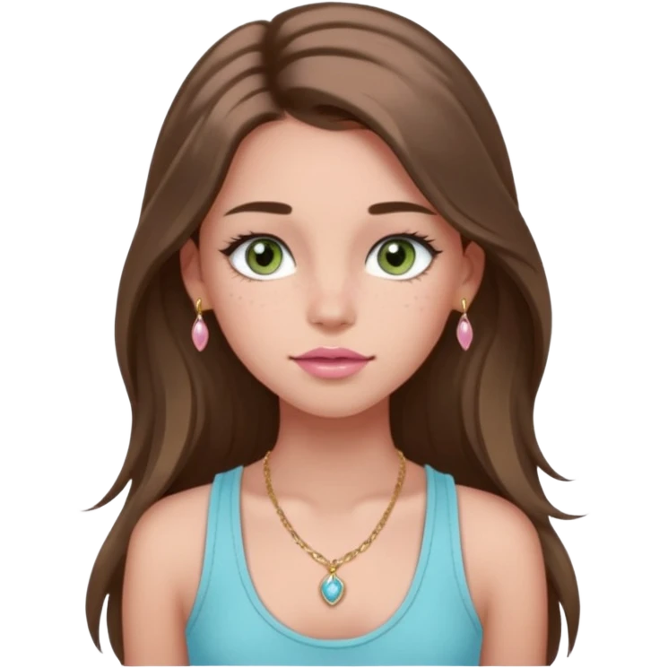 Create a teen girl wearing a light blue tank top. She will have long brunette hair, tan skin, pink lips, and grey-green eyes. She has long eyelashes. She also has light freckles and is wearing tiny gold jewelry emoji