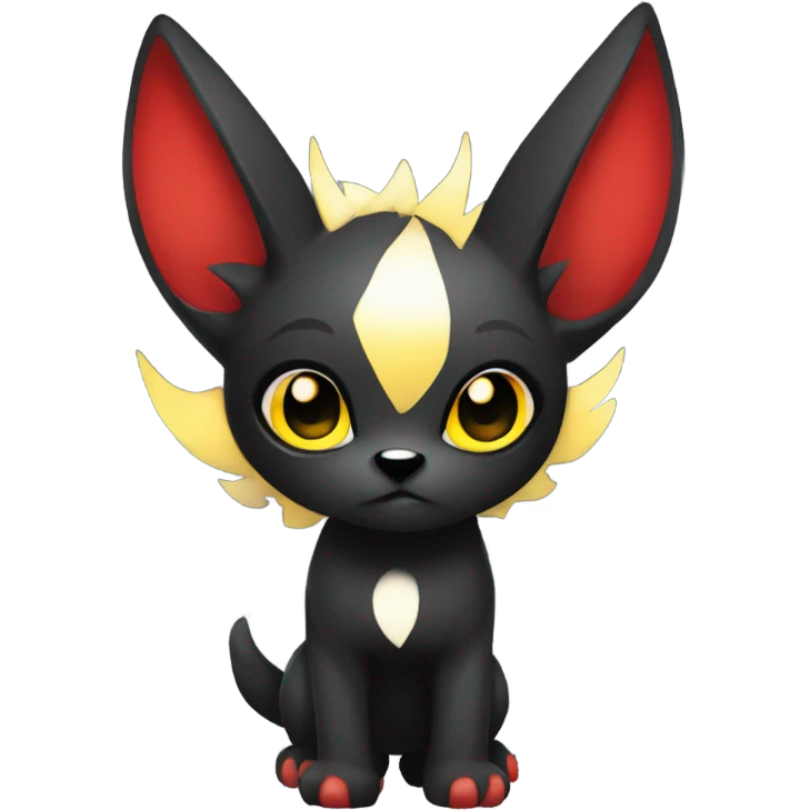black Shiny Fionbri-Falvie-sparkle-sona with yellow eyes, red edgy markings full body fursona emoji