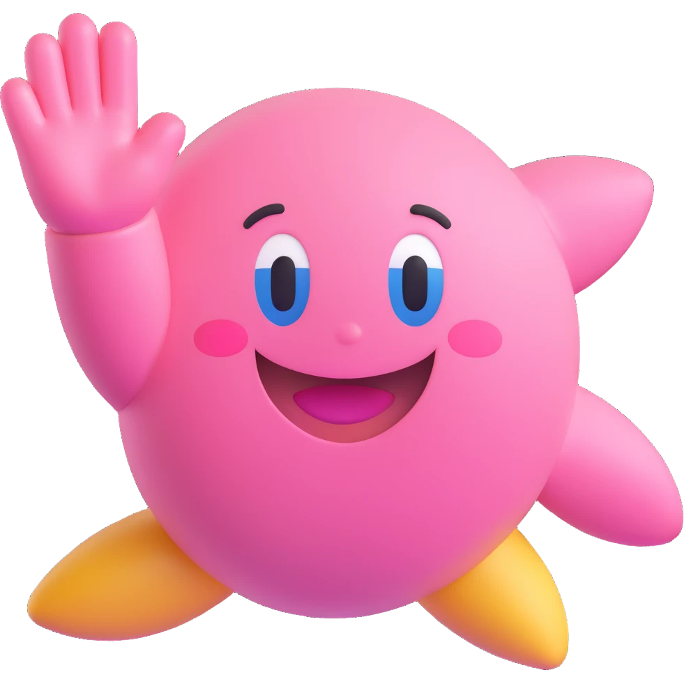 Kirby with a big smile, waving, simple background emoji
