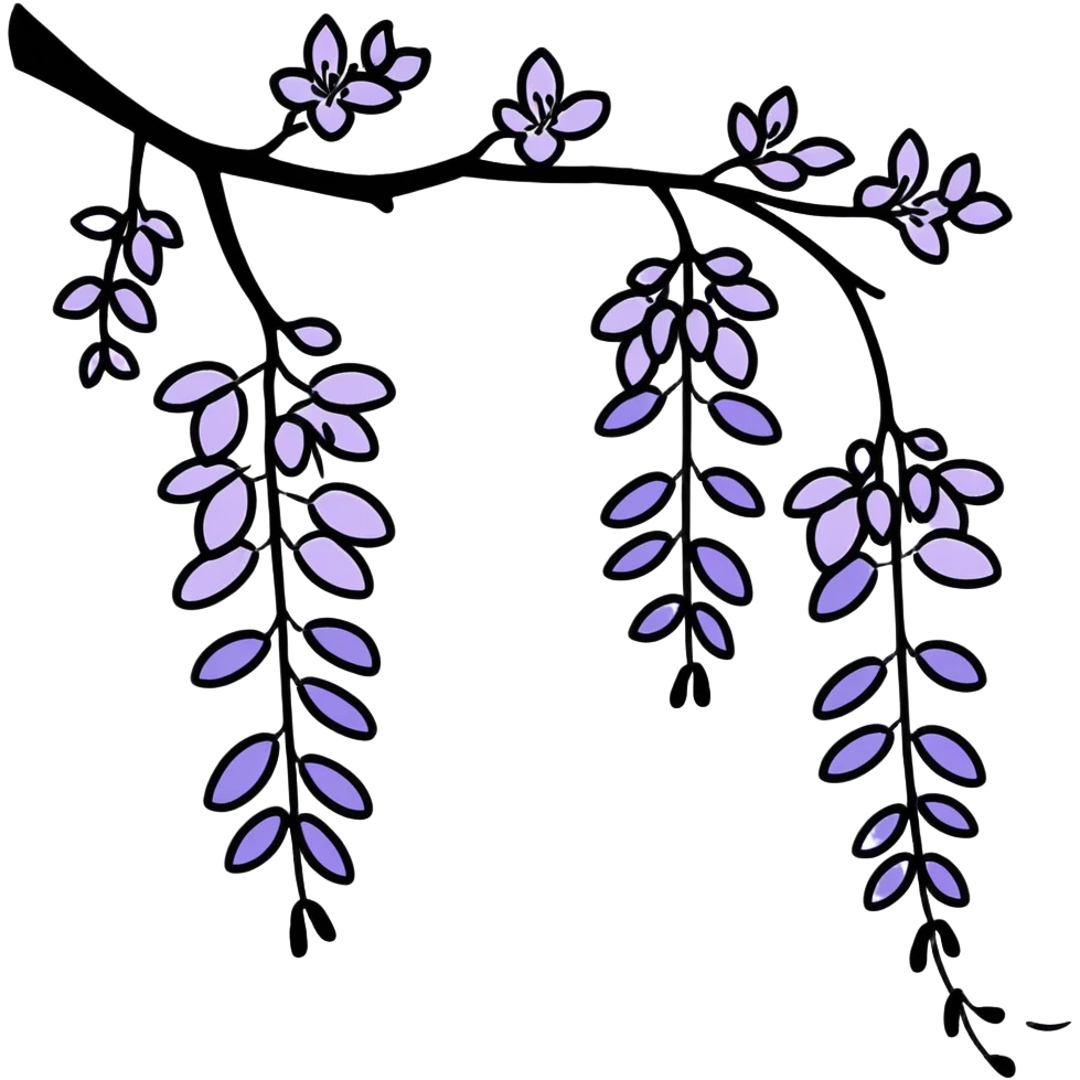 Artistic Japanese wisteria (fuji) flower with sumi-e inspired brush strokes, hanging lavender bloom clusters, zen minimalist aesthetic with subtle ink wash background emoji