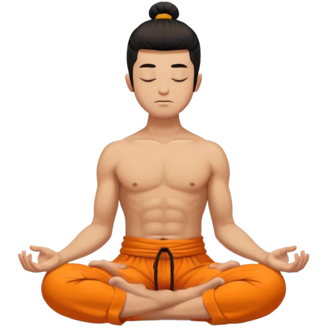 poore enlightened men meditating closed eyes, bold head bare torso, orange cossack sharovary pants, long black lock of hair on the top of the head emoji
