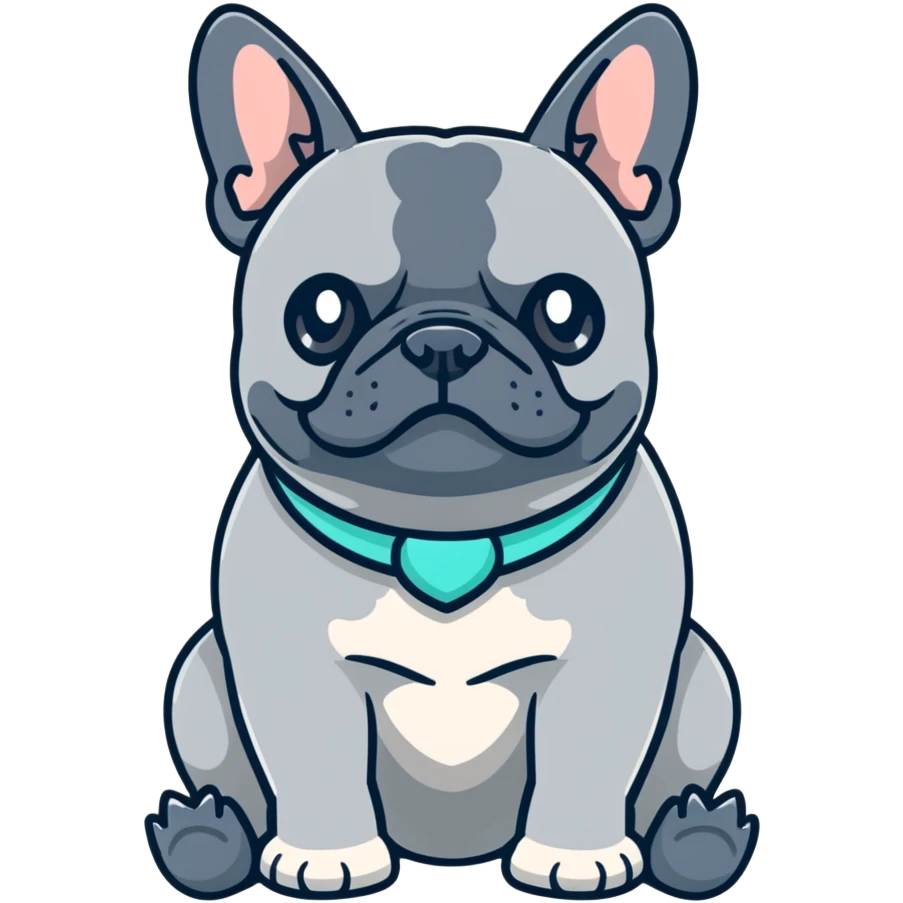 Grey French bulldog with turquoise collar sitting facing forward emoji
