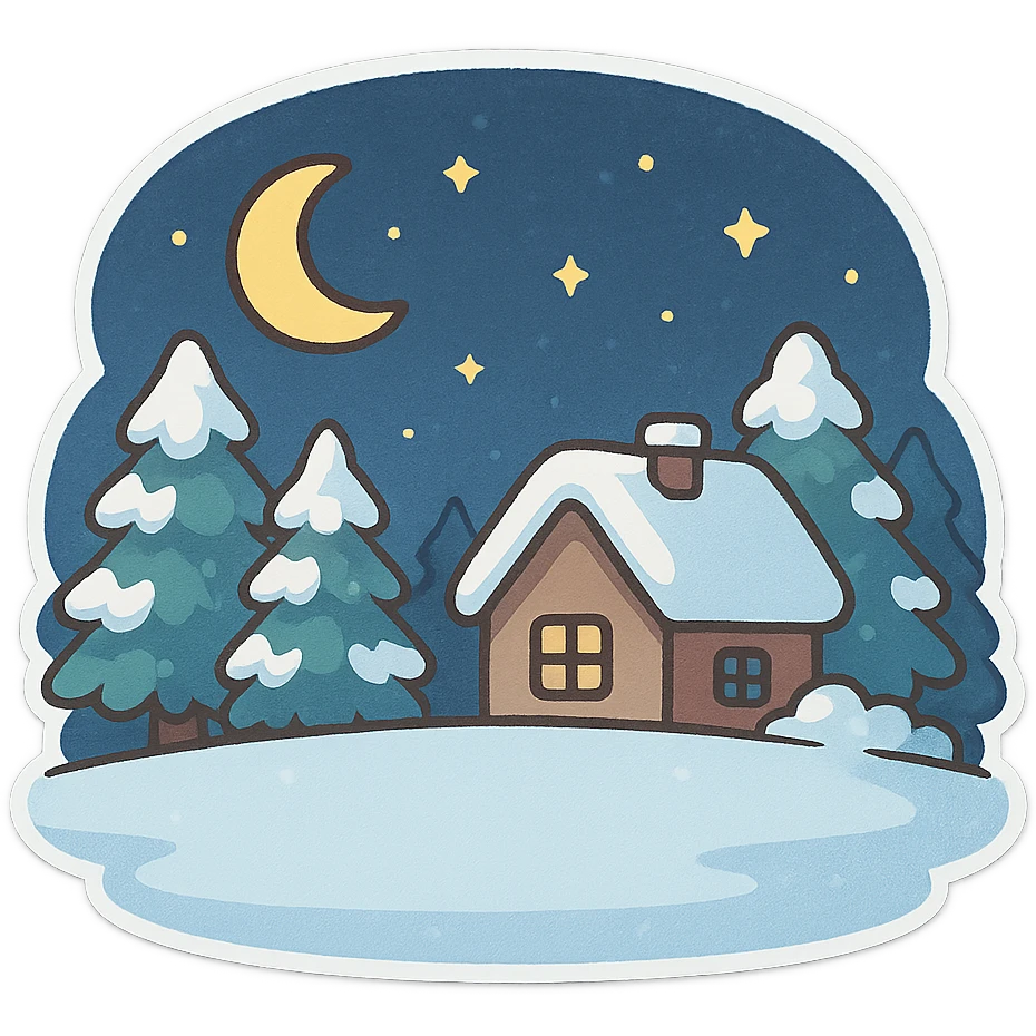 一张冬天雪里的场景，背景有堆满雪的松树和房屋，前面是一块空地，天空是夜晚的星空，有星星和月亮 emoji