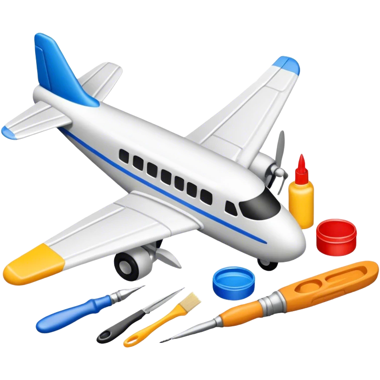 photorealistic icon featuring model-building tools like glue, paint, paintbrushes, pieces of a plastic model airplane in the process of being assembled. The design includes detailed textures of the model pieces and tools, capturing the focus and creativity of model building. Transparent background. emoji