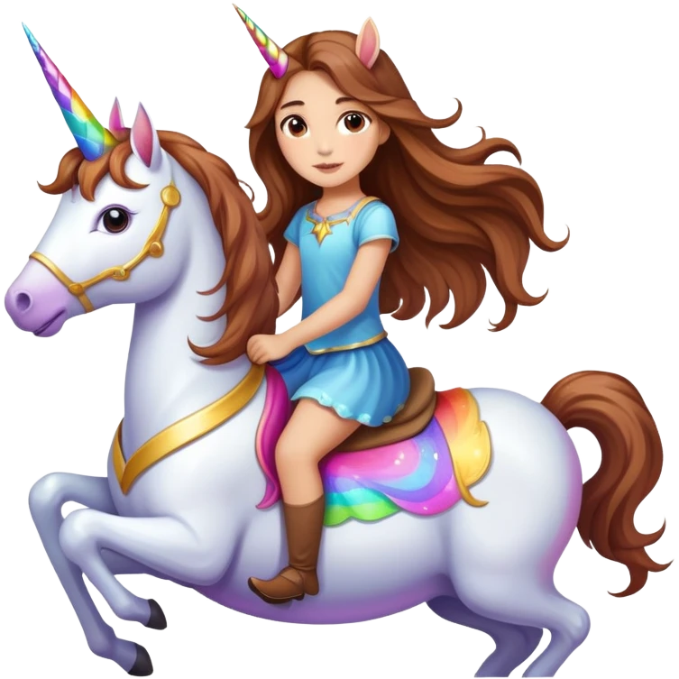 young light-skinned girl with long brown hair on a colorful unicorn emoji