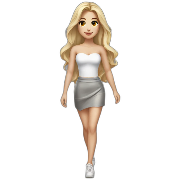 hyperrealistic caucasian long blonde hair brown perfect eyes woman white v-neck strapless top gray tight mini skirt walking towards camera emoji