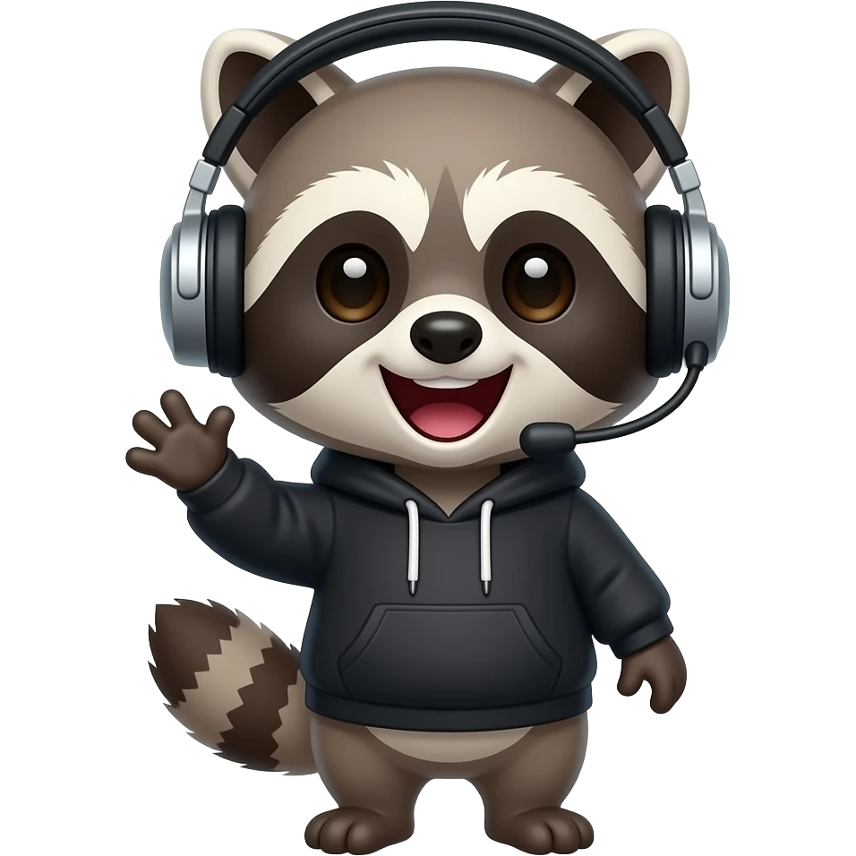 Create a tiny raccoon developer emoji wearing headphones and a black hoodie, excited expression, one paw raised, simple sticker style, centered subject, transparent background. emoji