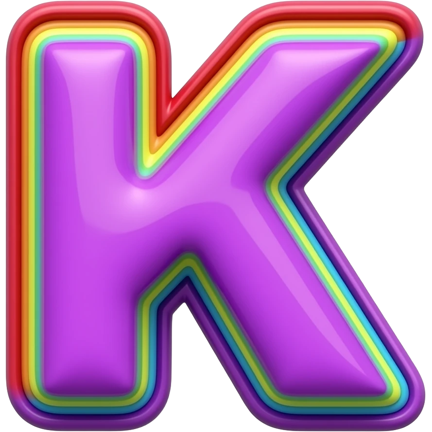name "K" in glossy bright bold neon purple, 3D style typography lettering, each color of the rainbow as a border outlined around each letter, isolated, 3d rendering, no emoji icons no emoji faces and must have no human figures emoji