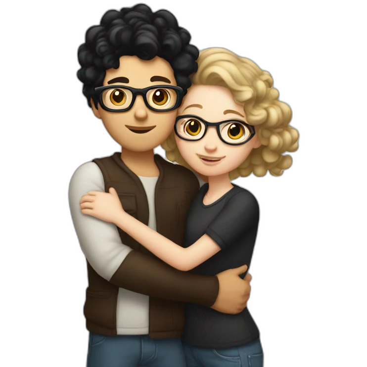 a white Boy with black hair and curlers, and with glasses on, and a white girl with long brown hair hugging each other emoji