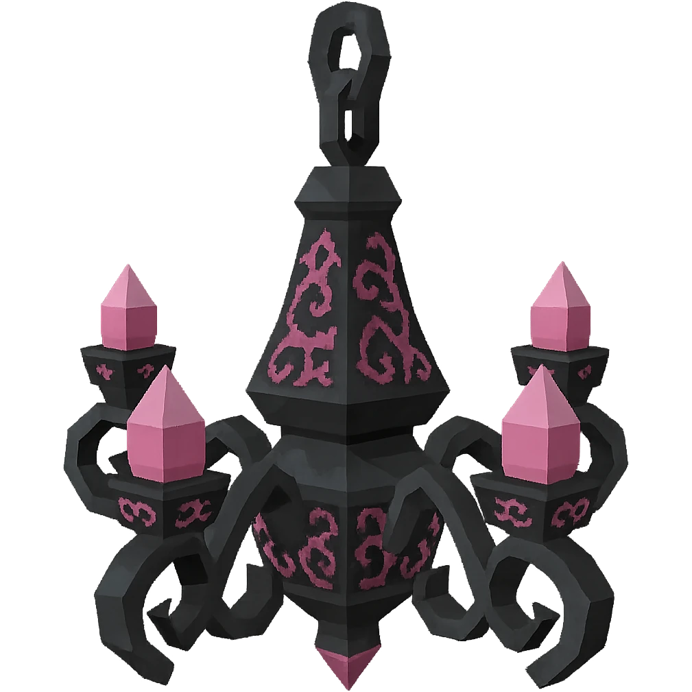 BLACKPINK-inspired gothic chandelier, low poly 3D style, black and pink, with ornate filigree patterns, no hearts emoji
